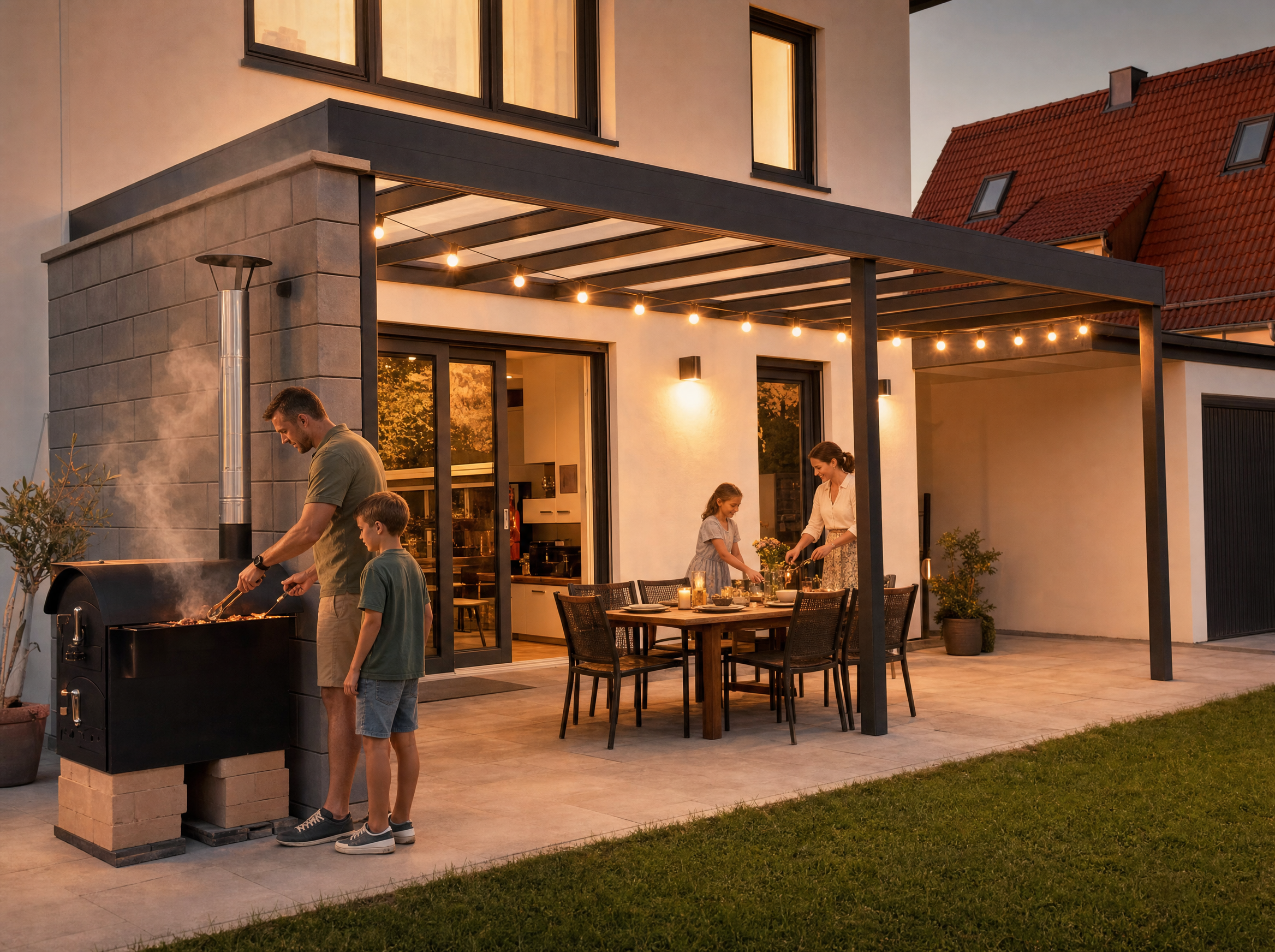 Familie beim Grillabend unter KD Terrassenüberdachung mit stimmungsvoller Lichterkette